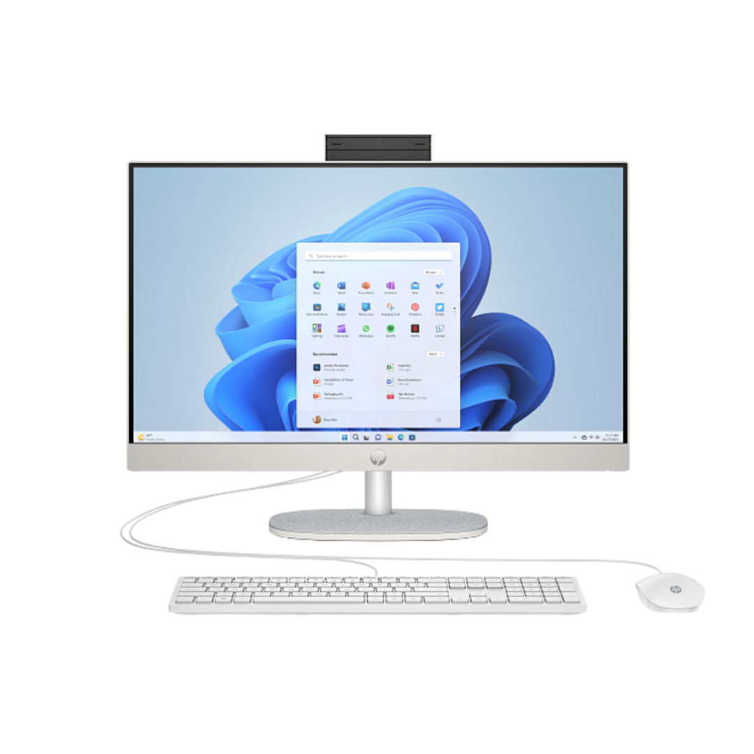 All-in-one computer with a keyboard and mouse on a white background
